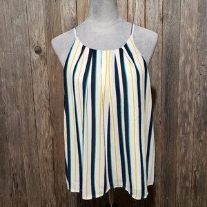 DNA Couture L Tank Top Blouse White Blue Striped Pleated Flowy Women's